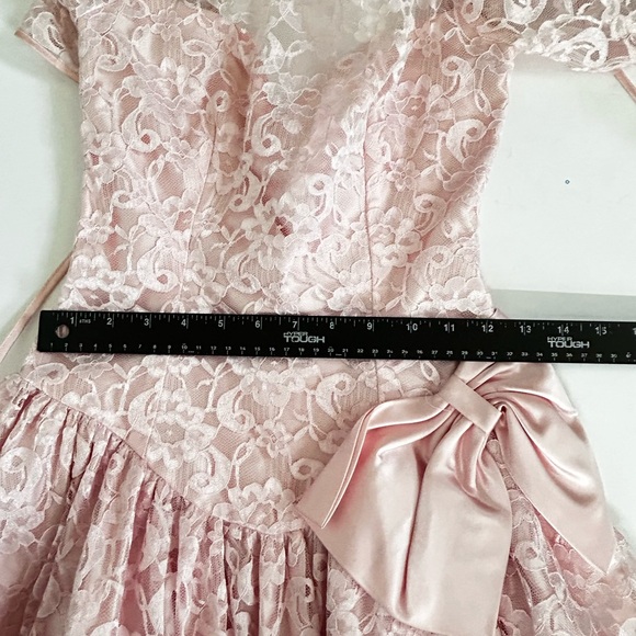 Vtg Alfred Angelo Party Dress Lace Pink Big Bow Puff Sleeve Back Open Womens S/M - Picture 4 of 15